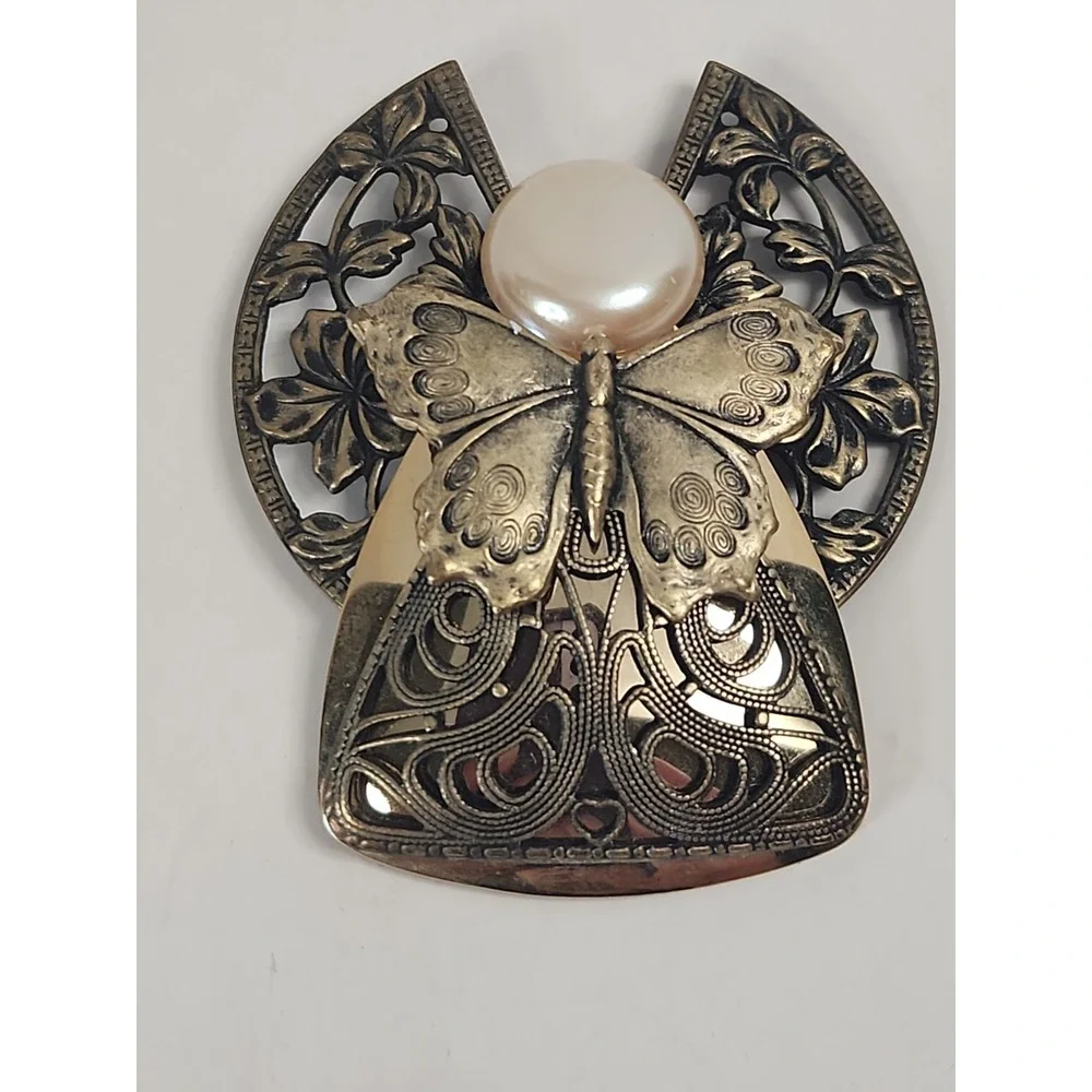 Vtg 90s Jane Davis 1996 AOL Angel Brooch Pin Faux Pearl Butterfly Filigree 2.75